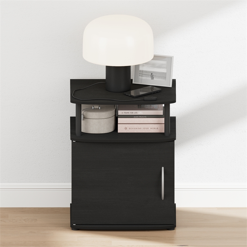 Pemberly Row Nightstand with Open Shelf and Door Cabinet in Black Finish