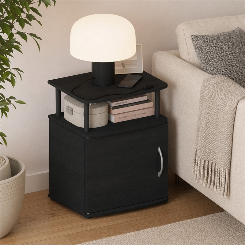 Pemberly Row Nightstand with Open Shelf and Door Cabinet in Black Finish