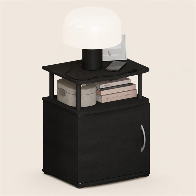 Pemberly Row Nightstand with Open Shelf and Door Cabinet in Black Finish