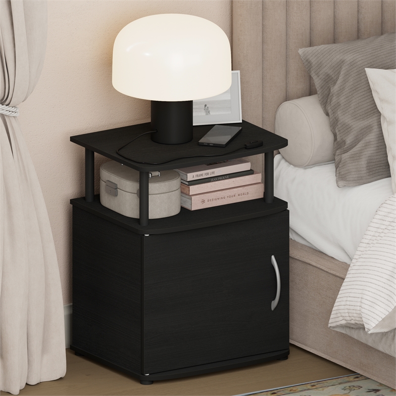 Pemberly Row Nightstand with Open Shelf and Door Cabinet in Black Finish