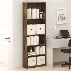 Pemberly Row 5 Tier Tall Open Shelf Bookcase with Closed Back in Amber Pine