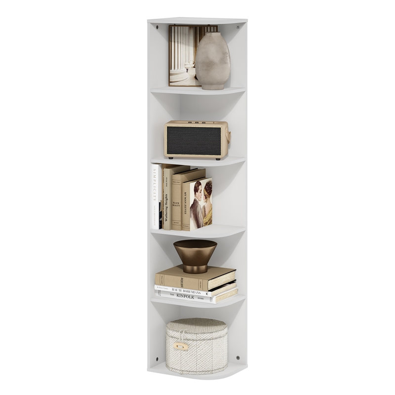 Pemberly Row 5 Tier Corner Open Shelf Bookcase for Small Spaces in White
