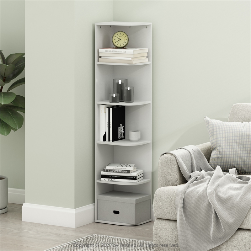 Pemberly Row 5 Tier Corner Open Shelf Bookcase for Small Spaces in White