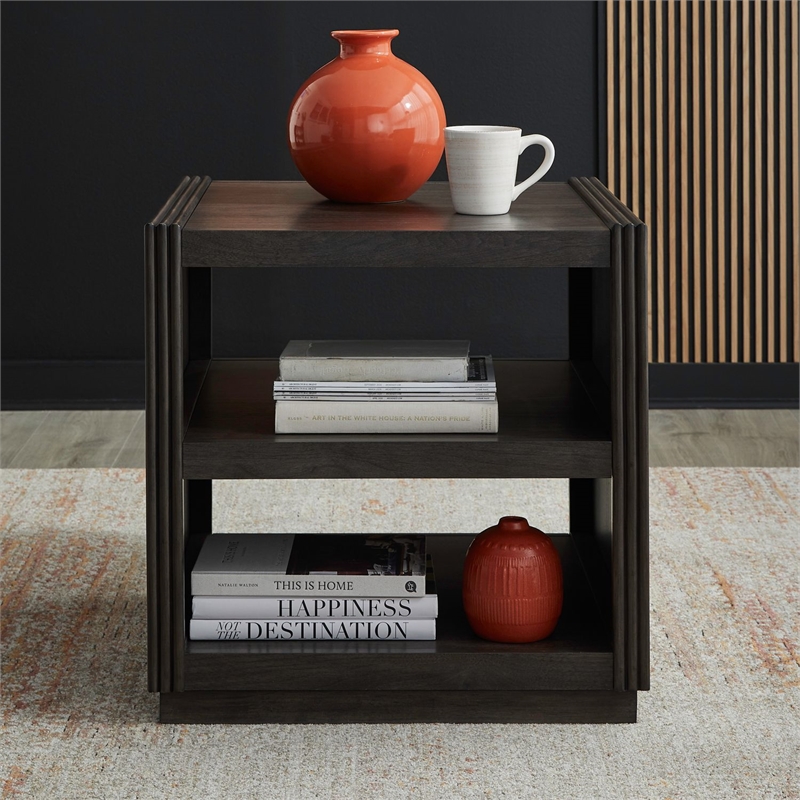 Pemberly Row End Table with Reeded Pilasters and Open Shelves in Brown