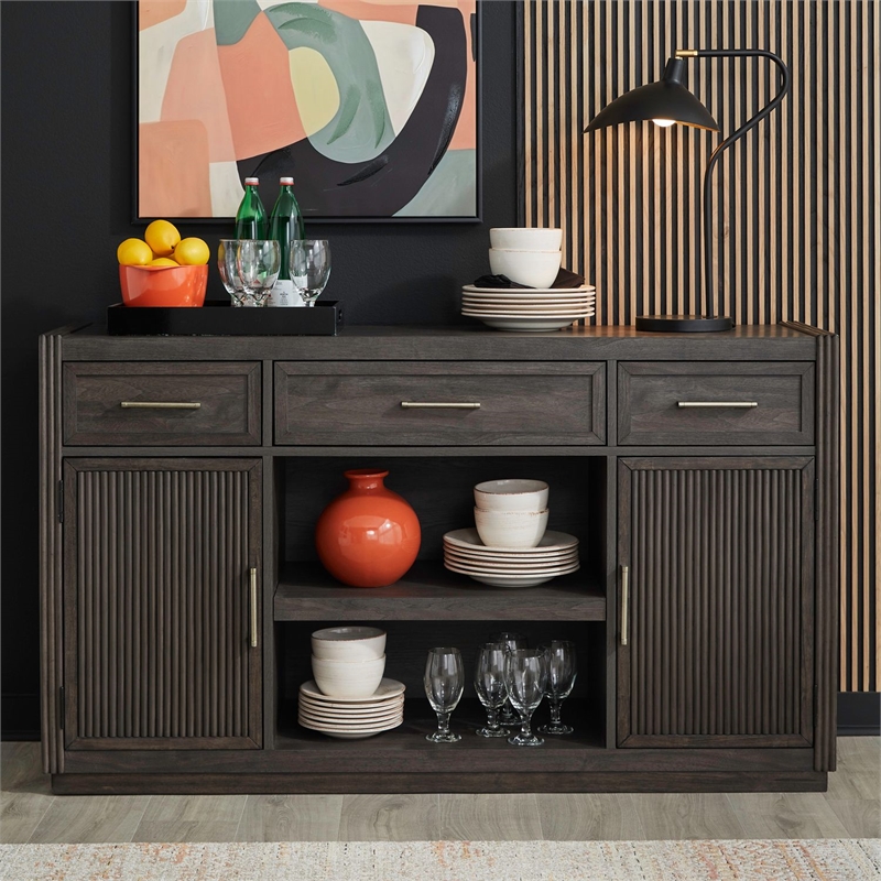 Pemberly Row Dining Server with Reeded Doors and Open Display in Brown