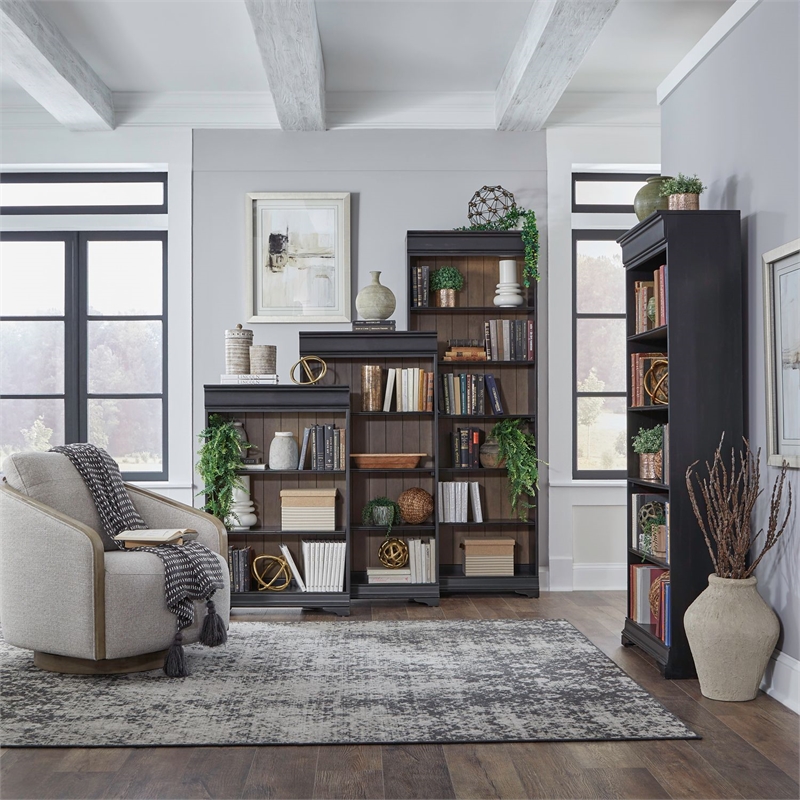 Pemberly Row Stepped Bookcase Wall Set with 4 Bookcases in Black