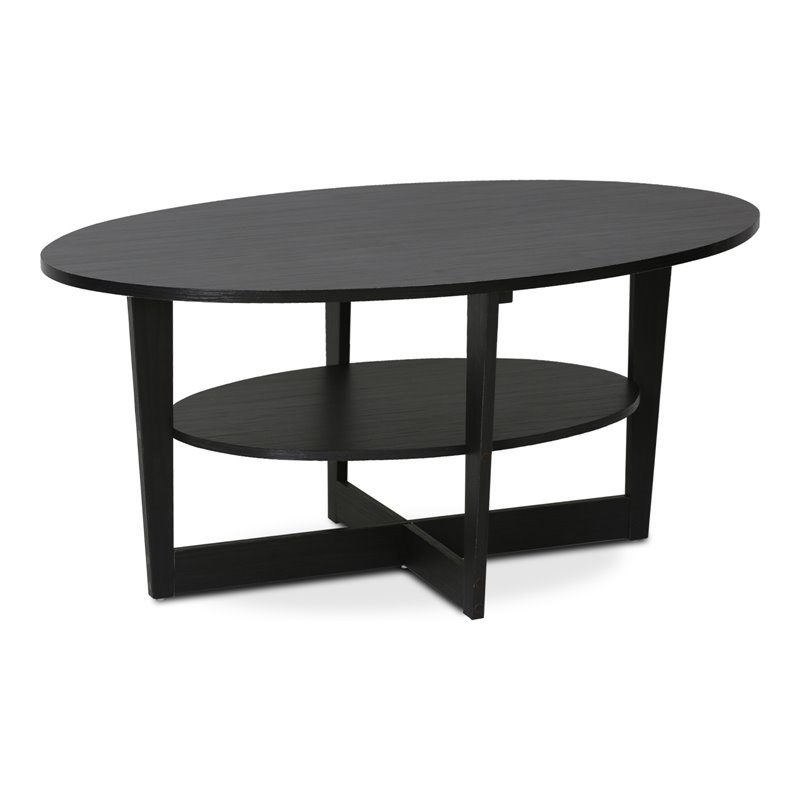 Pemberly Row Oval Coffee Table with Built-In Shelf in Walnut Finish