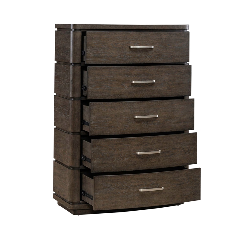 Pemberly Row 5 Drawer Chest with Starburst Veneer Top in Brown