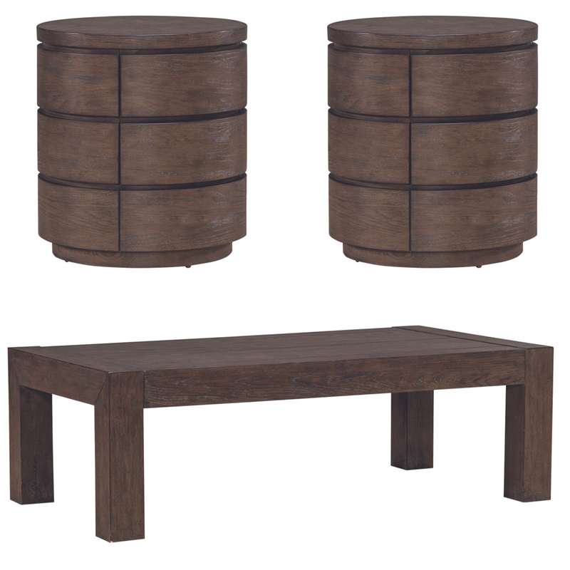 Pemberly Row 3 Piece Cocktail and Round End Table Set in Brown