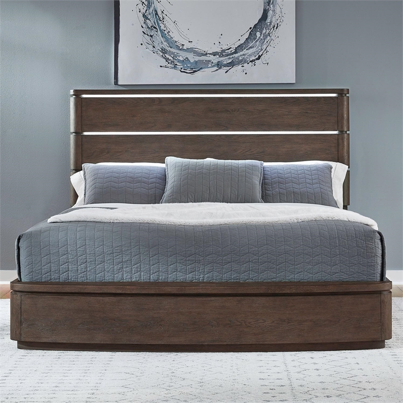 Pemberly Row California King Panel Bed with Touch LED Lighting in Brown
