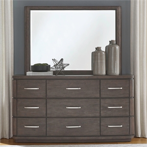 Pemberly Row 9 Drawer Dresser and Mirror with Starburst Veneer in Brown