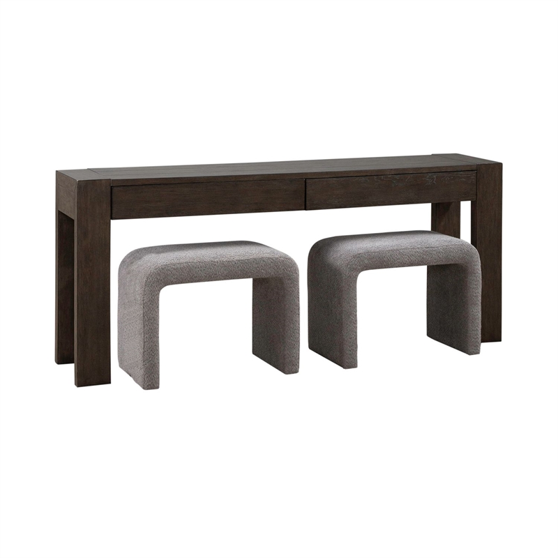 Pemberly Row 3 Piece Console Table and Upholstered Stool Set in Brown