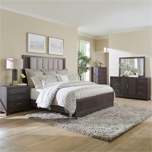 Pemberly Row Queen Upholstered Bed Dresser Mirror Chest Nightstand in Brown