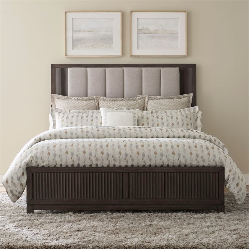 Pemberly Row Queen Upholstered Bed Dresser Mirror Chest Nightstand in Brown