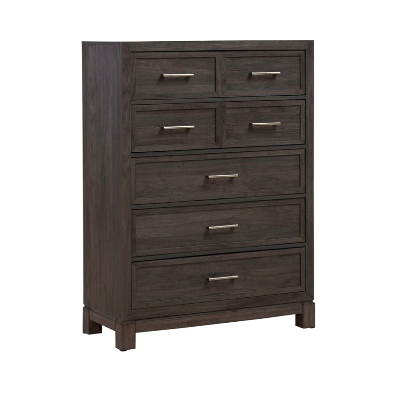 Pemberly Row Queen Upholstered Bed Dresser Mirror Chest Nightstand in Brown
