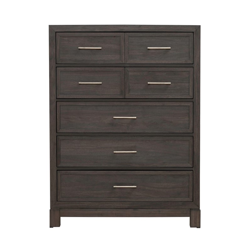 Pemberly Row Queen Upholstered Bed Dresser Mirror Chest Nightstand in Brown