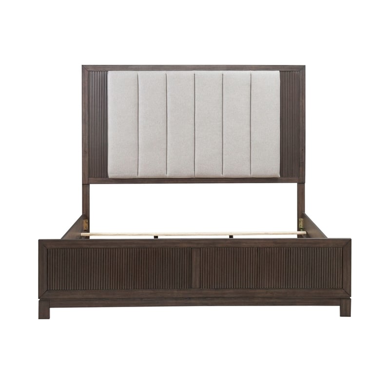 Pemberly Row Queen Upholstered Bed Dresser Mirror Chest Nightstand in Brown