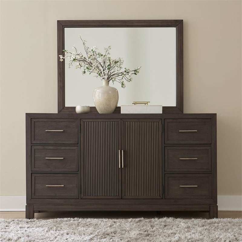 Pemberly Row Queen Upholstered Bed Dresser Mirror Chest Nightstand in Brown