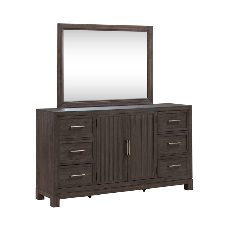 Pemberly Row Queen Upholstered Bed Dresser Mirror Chest Nightstand in Brown