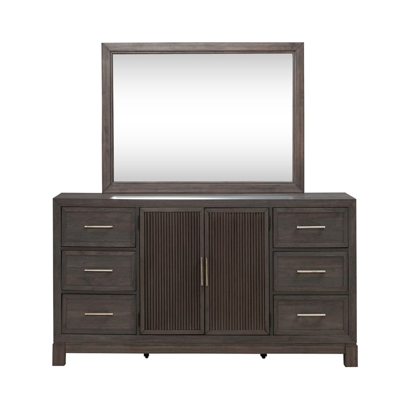Pemberly Row Queen Upholstered Bed Dresser Mirror Chest Nightstand in Brown