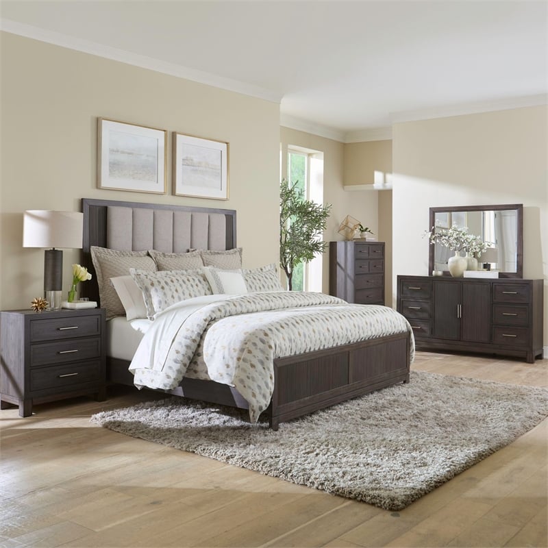 Pemberly Row Queen Upholstered Bed Dresser Mirror Chest Nightstand in Brown