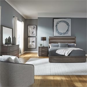 Pemberly Row Cal King Panel Bed with Dresser Mirror and Nightstand in Brown