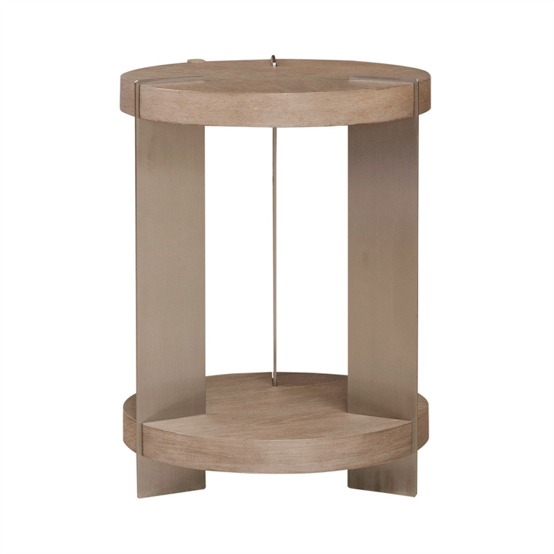 Pemberly Row Chairside Table with Satin Nickel Metal Legs in Brown