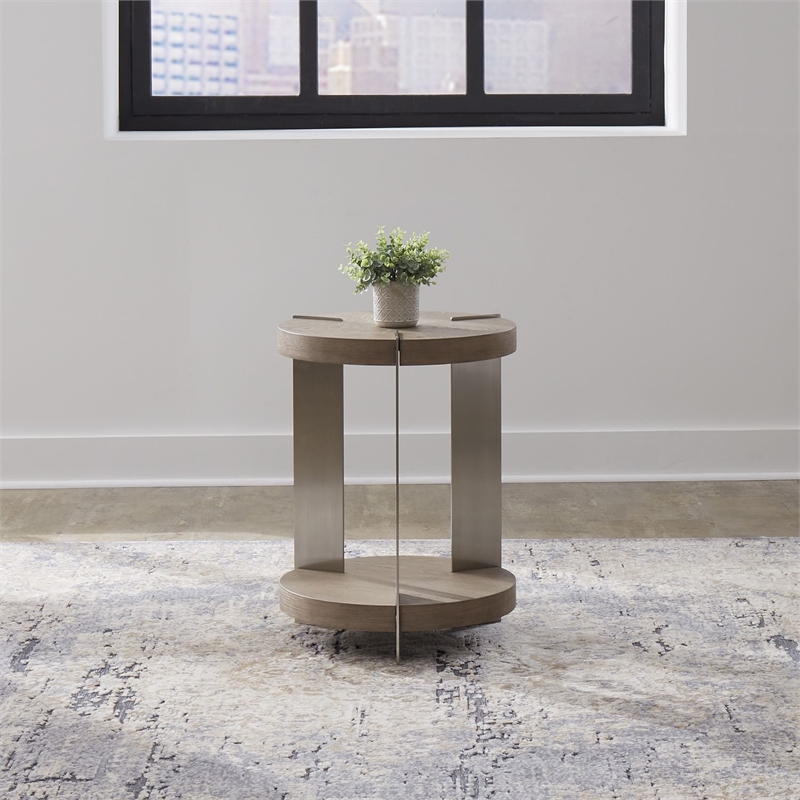 Pemberly Row Chairside Table with Satin Nickel Metal Legs in Brown