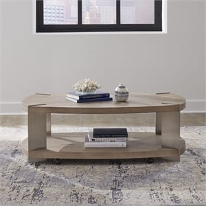 Pemberly Row Oval Cocktail Table with Casters and Metal Legs in Brown