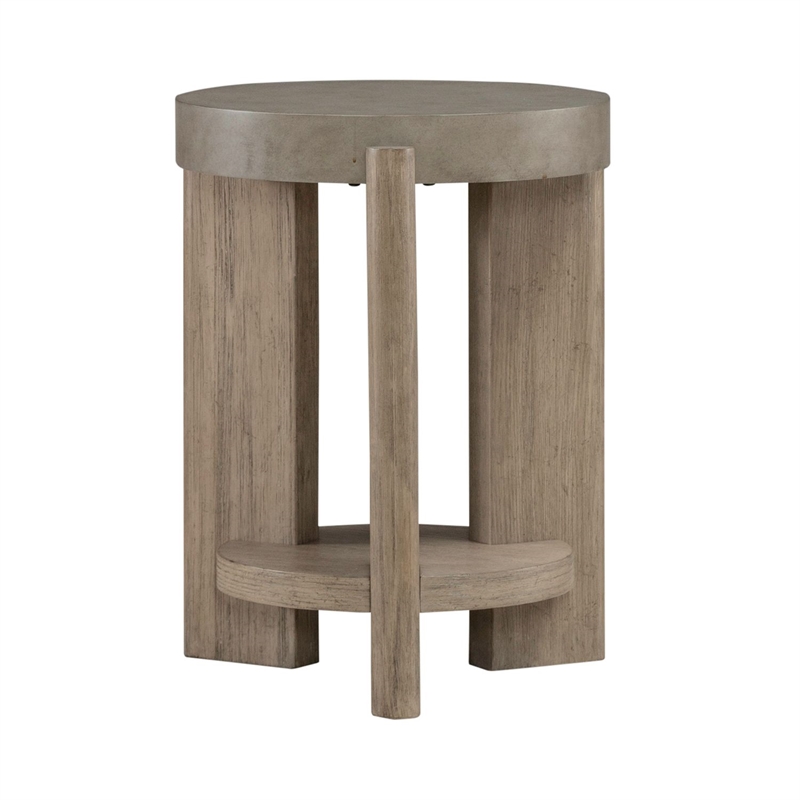 Pemberly Row Chairside Table with Faux Concrete Top and Shelf in Brown