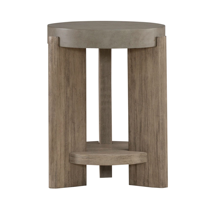 Pemberly Row Chairside Table with Faux Concrete Top and Shelf in Brown