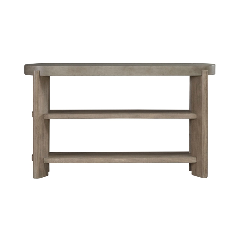 Pemberly Row Sofa Table with Faux Concrete Top and Open Shelves in Brown