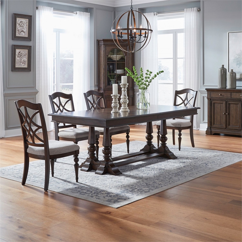 Pemberly Row 5 Piece Trestle Table Set with Splat Back Chairs in Cherry