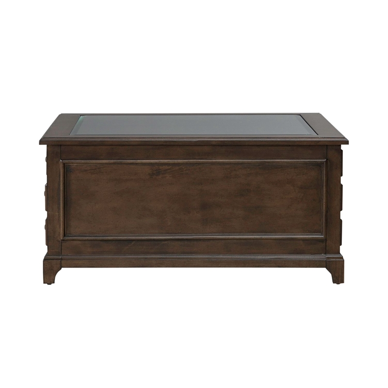 Pemberly Row Square Collector Cocktail Table with Glass Top in Cherry