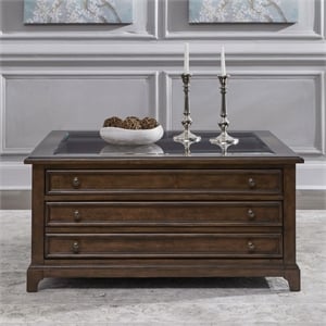 Pemberly Row Square Collector Cocktail Table with Glass Top in Cherry