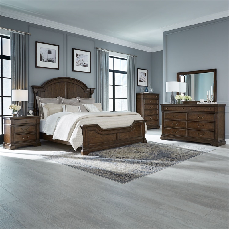 Pemberly Row Cal King Poster Bed with Dresser Mirror Chest Nightstand in Cherry