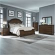 Pemberly Row Cal King Poster Bed with Dresser Mirror Chest Nightstand in Cherry
