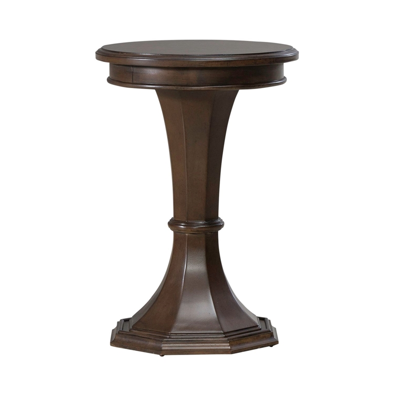 Pemberly Row Round Chairside Table with Fancy Face Veneer Top in Cherry