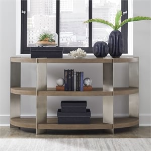 Pemberly Row Demilune Sofa Table with Nickel Legs and Shelves in Brown