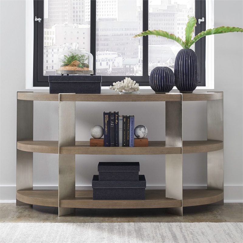 Pemberly Row Demilune Sofa Table with Nickel Legs and Shelves in Brown