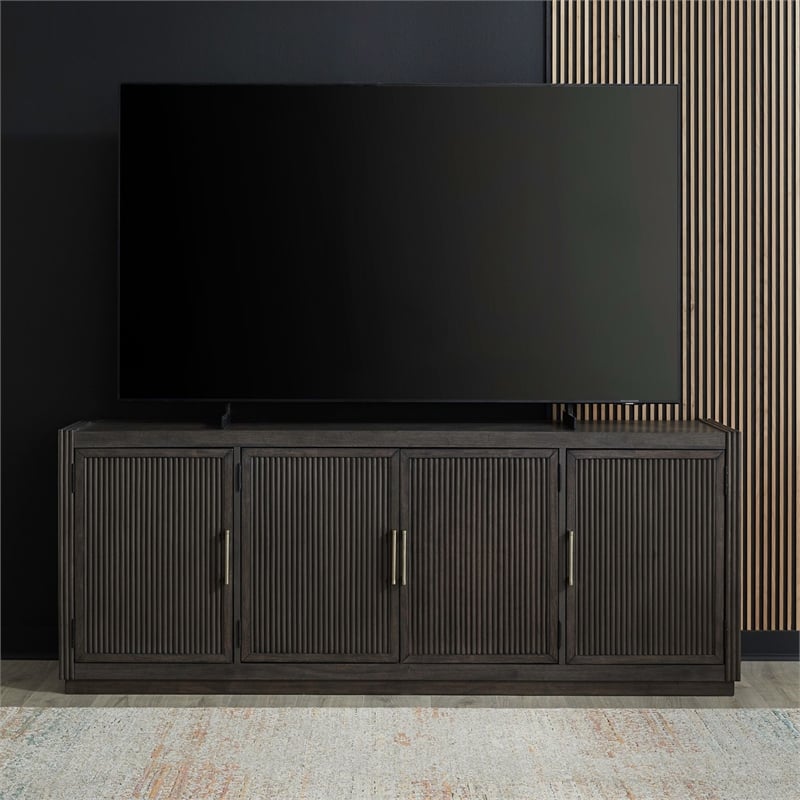 Pemberly Row 77 Inch TV Console with Reeded Doors and Wire Management in Brown