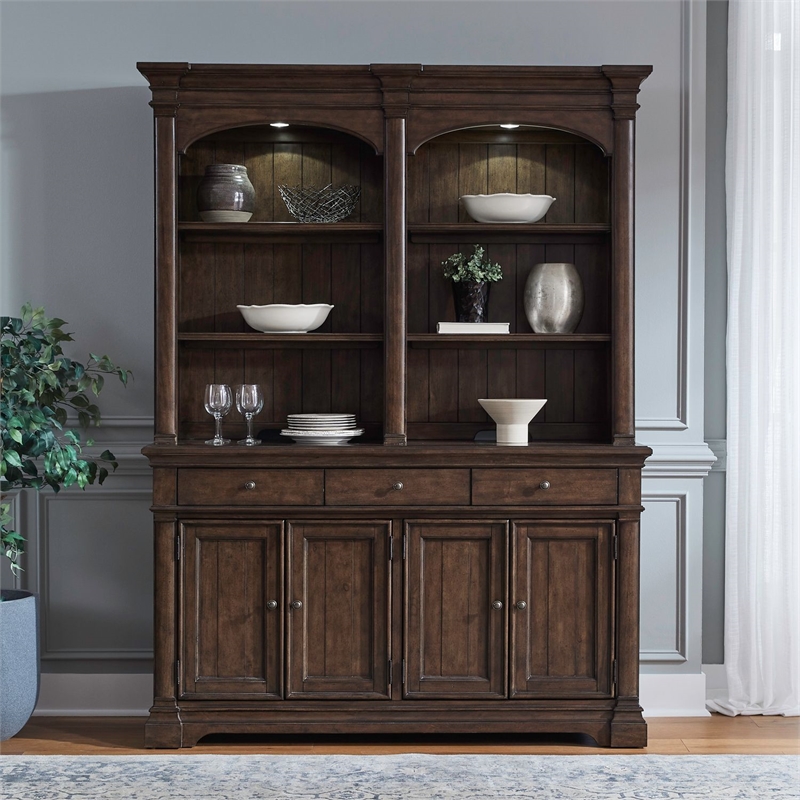 Pemberly Row Hutch and Buffet with LED Lighting and Planked Doors in Cherry