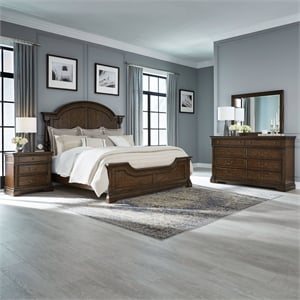 Pemberly Row Queen Poster Bed with Dresser Mirror and Nightstand in Cherry