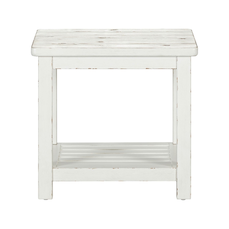 Pemberly Row Farmhouse End Table with Open Slatted Shelf in White