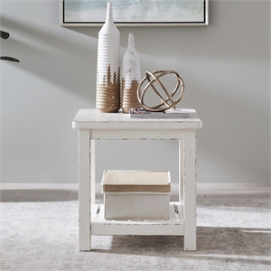 Pemberly Row Farmhouse End Table with Open Slatted Shelf in White