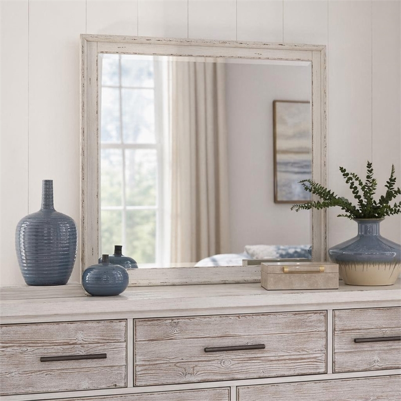 Pemberly Row Landscape Mirror with Beveled Edge and Bead Molding in White