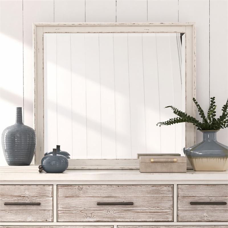 Pemberly Row Landscape Mirror with Beveled Edge and Bead Molding in White