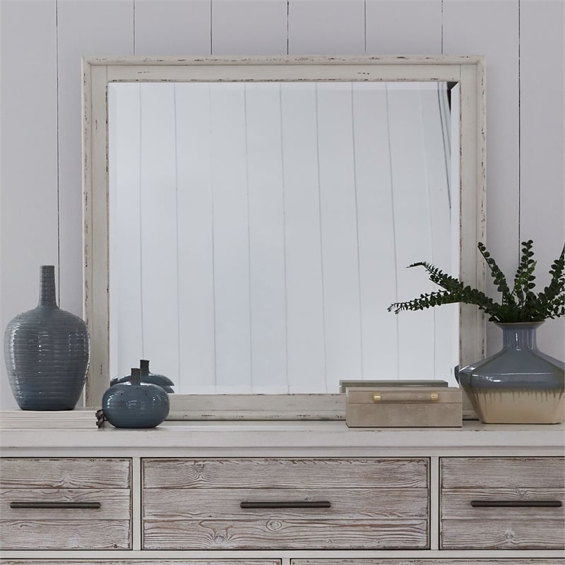 Pemberly Row Landscape Mirror with Beveled Edge and Bead Molding in White