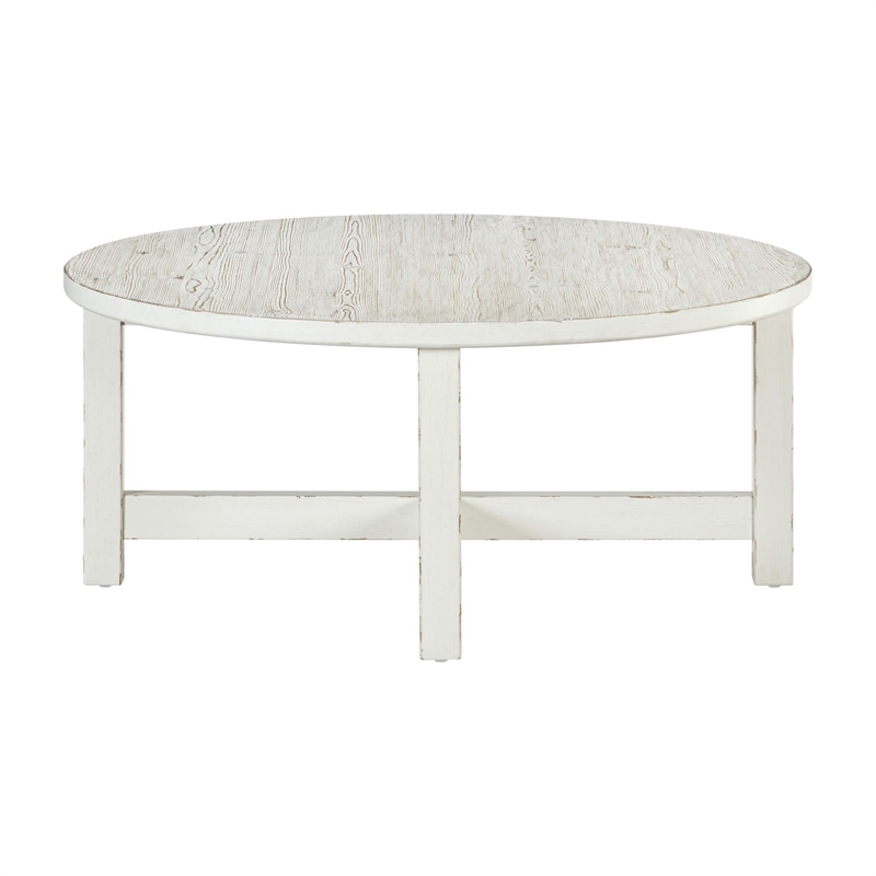 Pemberly Row Round Cocktail Table with X Style Trestle Base in White