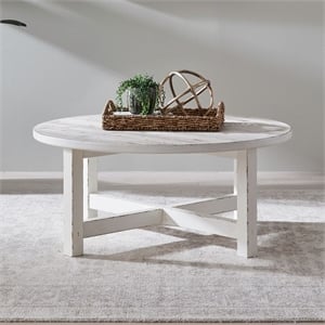 Pemberly Row Round Cocktail Table with X Style Trestle Base in White